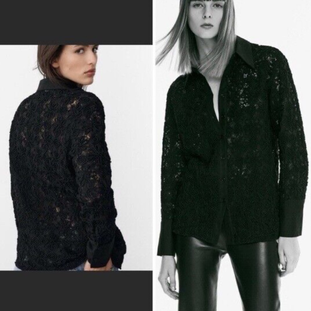 Zara Black embroidered Lace long line/ long cuff Button-Up Shirt size XS EUC!